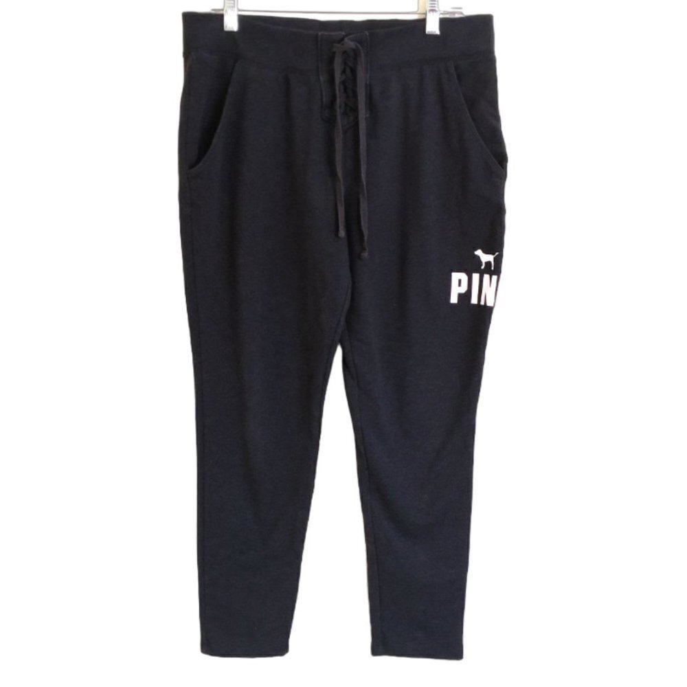 PINK‎ Victoria's Secret Collegiate Lace Up Lounge Logo Joggers Pants Charcoal L